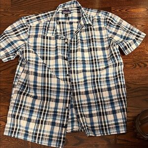 Patagonia Men's Blue and White Plaid Button Down Shirt XL extra large
